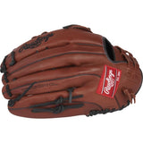 A brown leather baseball glove with black laces and a red Rawlings brand patch on the back, shown against a plain white background.