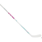 A white CCM hockey stick shown diagonally on a plain white background, featuring pink and teal branding and text details.