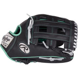 A black Rawlings baseball glove with mint green stitching and white laces, shown from a side angle on a white background.