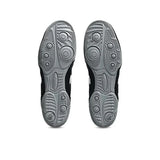 The soles of a pair of black and gray wrestling shoes, showing the textured grip patterns, photographed from above on a white background.