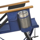 Silver cup in blue chair cup holder on white background