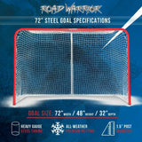 Hockey goal with specifications on a blue background
