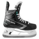 side view of a Bauer black, green and white hockey skate