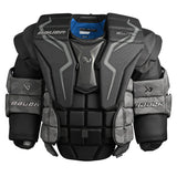 Bauer Elite hockey chest protector in black and gray with a blue interior collar, shown against a plain white background.