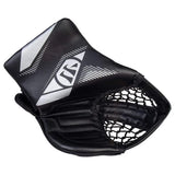 black and grey goalie catch glove with black mesh pocket, shown on a plain white background.