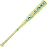 Yellow baseball bat with blue lettering on a white background