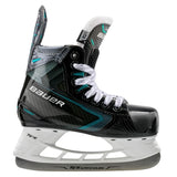 side view of a Bauer black, green and white hockey skate