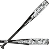 Two views of a black and white Rawlings baseball bat, showing the barrel and barrel-plus-handle design, on a plain white background.