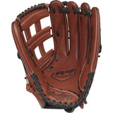 A brown leather baseball glove with black laces and trim, featuring the Rawlings R3 Series logo on the back of the hand, shown against a plain white background.