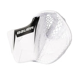 A white Bauer hockey goalie glove with black and white branding, shown on a solid white background.