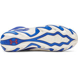 White and blue sneaker with Under Armour logo on a white background