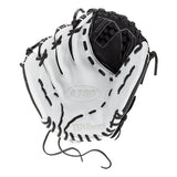 White baseball glove with black accents on a white background
