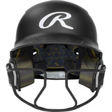 A black baseball batting helmet with a white stylized 'R' logo on the forehead, a black face guard, and a patterned blue and gold interior padding, shown against a plain white background.