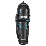 Black and green shin pad with Bauer across the front on white background