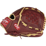 Brown baseball glove with a red logo on a white background