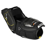 Black protective elbow pad with brand logos on a white background