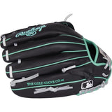 A black Rawlings baseball glove with mint green accents and white stitching, shown on a plain white background.