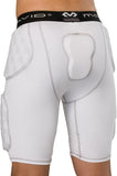 White athletic shin and butt protection shorts with a black branded waistband, shown on a model from the back.