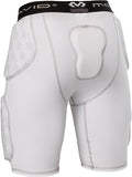 White athletic compression shorts with integrated knee and butt pads, featuring a black waistband with white branding.