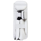 A hockey goalie pad shown from the back, featuring white padded panels, white plastic shell, and white straps with reflective detailing.