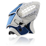 A white and blue goalie catch glove with a white mesh face, shown on a clean white background with a soft reflection below.