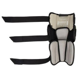 Black and beige protective gear with straps on a white background