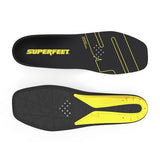 A pair of black athletic shoe insoles shown from both the top and bottom views on a white background. The top view features the brand name 'SUPERFEET' in yellow, while the bottom view displays a bright yellow arch support zone on a black textured base.