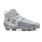 Gray high-top cleat with Under Armour logo on a white background
