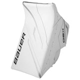White and silver goalie blocker with Bauer on the facing on a white background