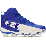 Blue and white cleat with Under Armour logo on a white background