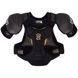 Black protective chest and shoulder pad with brand logo on a white background