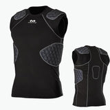 Black sleeveless athletic protective undershirt with gray mesh shoulder and side pads, shown from the front and back on a light gray background.