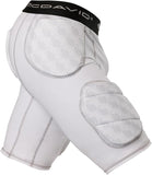 White protective sports shorts with padded hexagonal knee and hip guards, featuring a black waistband with the brand name 'MCDAVID' in white.