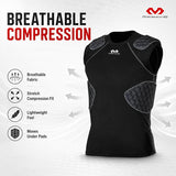 Black Megavid athletic compression sleeveless top with gray mesh panels and white logo, shown on a light gray background with marketing text and feature icons.