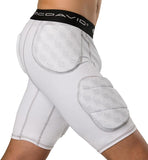 White athletic knee pads with hexagonal textured padding and a black McDavid waistband, shown on a model from a side-back angle against a white background.