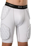White athletic shin and thigh guards with quilted knee and hip padding, featuring a black waistband with the brand name David.