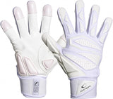 A pair of white and light purple baseball/softball gloves shown against a plain white background, with one glove displaying the back of the hand and the other showing the palm side.