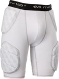 White protective compression shorts with textured gray knee and hip pads, featuring a black waistband with the brand name M-CAVID.