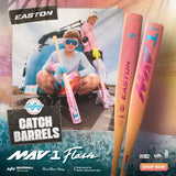 Promotional image of Easton baseball bats with a person holding them, featuring the brand's logo and product details.