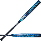 A baseball bat shown from two angles on a plain white background: one angled diagonally and one horizontal. The bat is predominantly black with bright blue and cyan graphic patterns and white lettering.