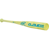 Yellow baseball bat with blue logo on a white background