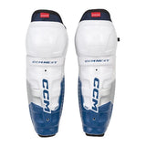 Pair of CCM hockey shin guards on a white background