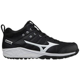 Black and white athletic shoe with brand logo on a white background