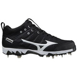 Black and white baseball cleat with visible brand logo on a white background