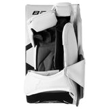 White and silver goalie blocker showing the underside on a white background