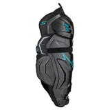 Side view of a black and green shin pad on a white background