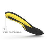 Black and yellow shoe insole with flexible heel cradle on a white background