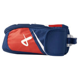 Blue ,red, white Bauer bag side view on a white background