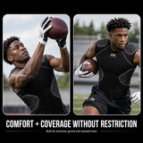 A promotional split-panel image showing a male athlete in black athletic wear catching a football on the left and running with a football on the right, with the text 'COMFORT + COVERAGE WITHOUT RESTRICTION' below.