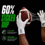 White football gloves worn on hands stretching a brown leather football against a black background, with large text reading '60% Stickier Grip' and feature callouts on the left.
